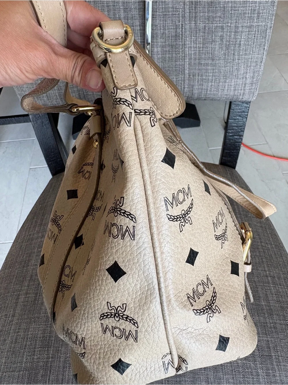 MCM Beige Logo Tote Bag - Classic Printed Leather